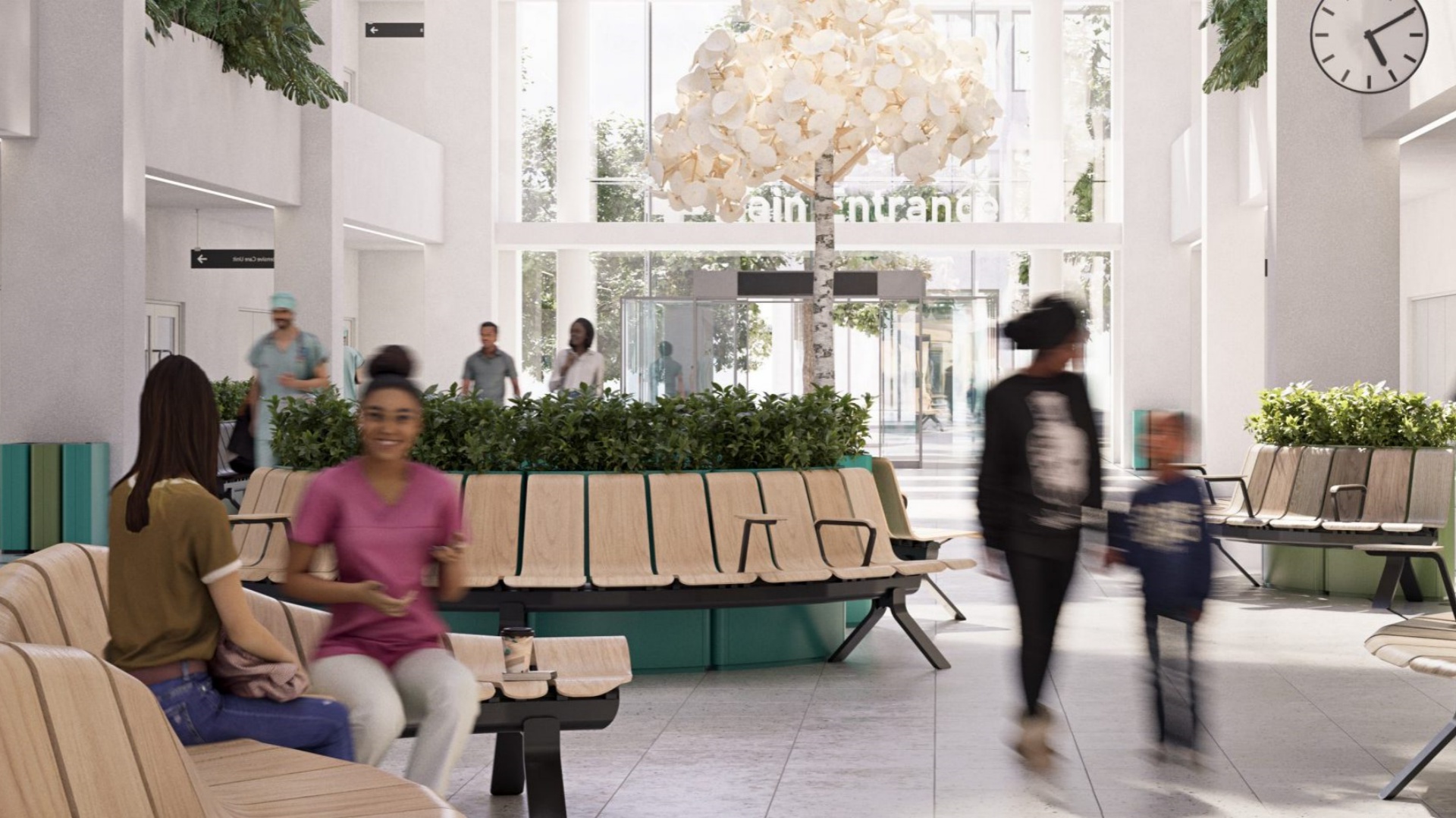 open-concept hospital waiting area furniture layout