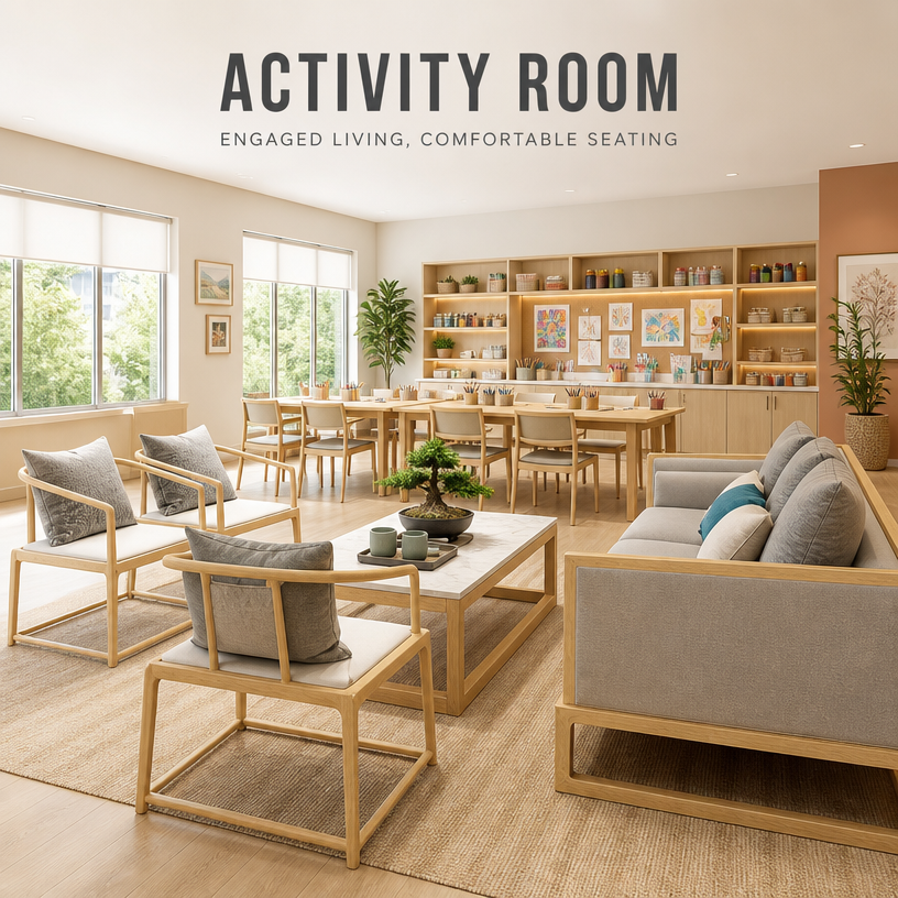  Senior Living Furniture Set with Japanese Style Solid Wood Curved Armrest Chairs for Healthcare Reception