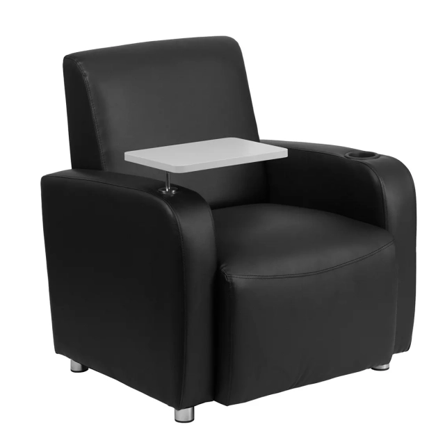 Black Leather Guest Reception Chair with Tablet Arm