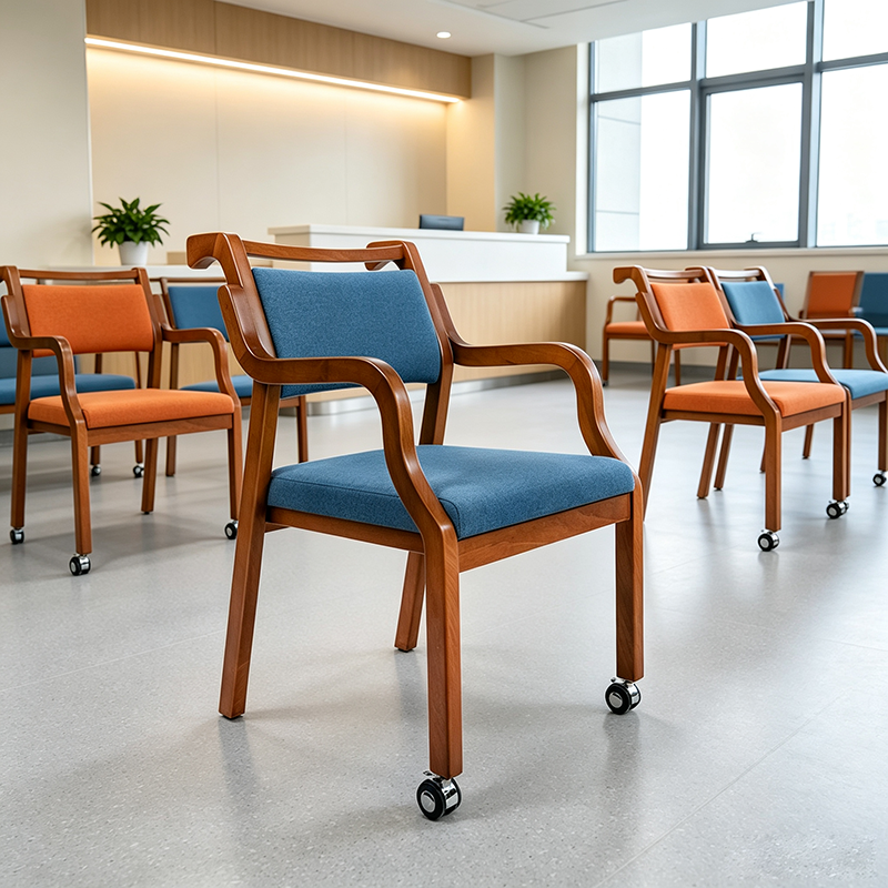 Senior Living Dining Armchair with Front Casters and Push Handle Solid Wood Assisted Mobility Chair