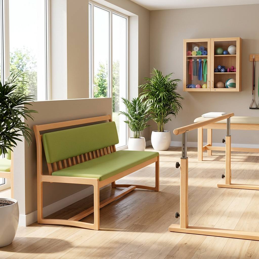 Hospital Waiting Bench with Upholstered Cushion | Solid Wood Medical Seating for Clinics & Nursing Homes
