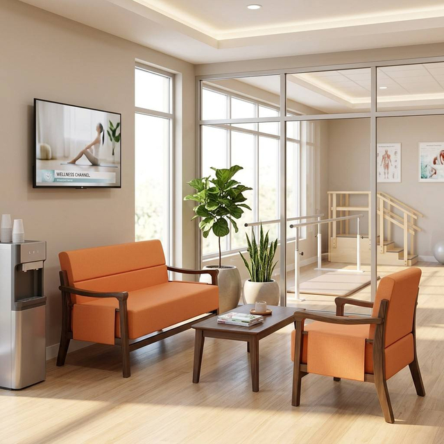 2-Seater Hospital Visitor Loveseat with Sculpted Wood Armrests | Mid-Century Medical Lounge Sofa for Clinics & Senior Living