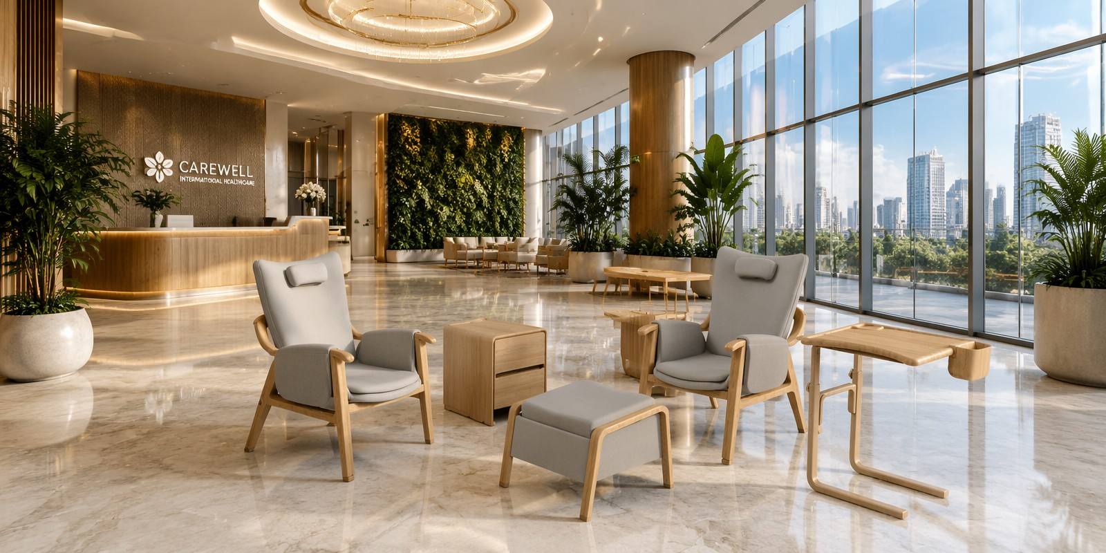 Reception and lounge area sofas in the hospital lobby