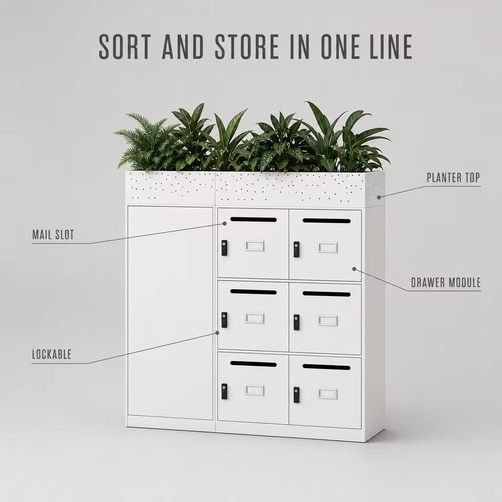 Desk-Side Mail Cabinet Combination with Drawers and Planter Top